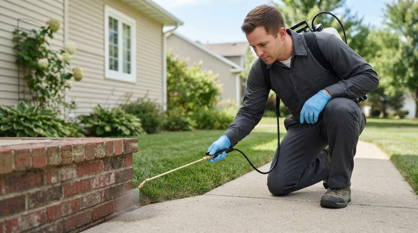 Pest control technician treating a home near Huntertown, IN
