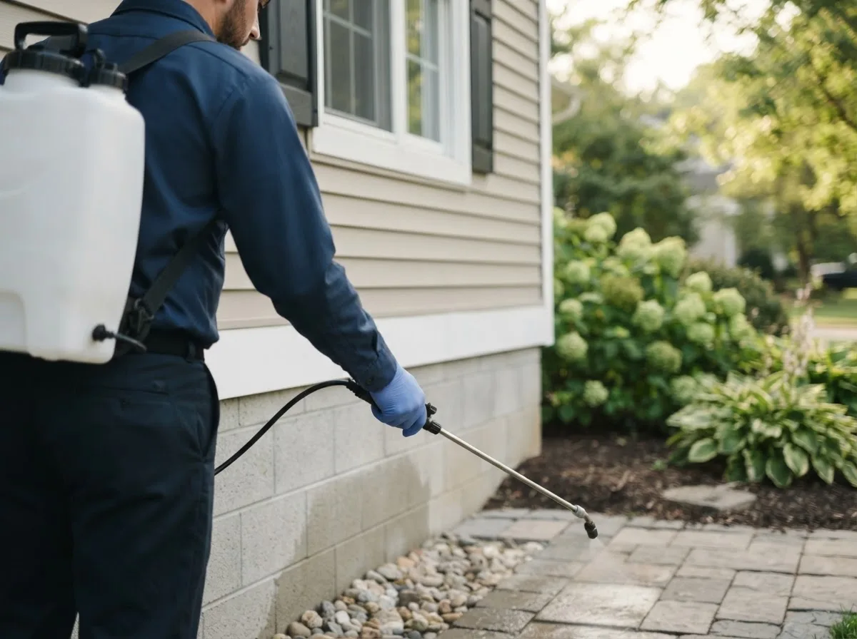 Pest control technician inspecting a home in Huntertown, IN